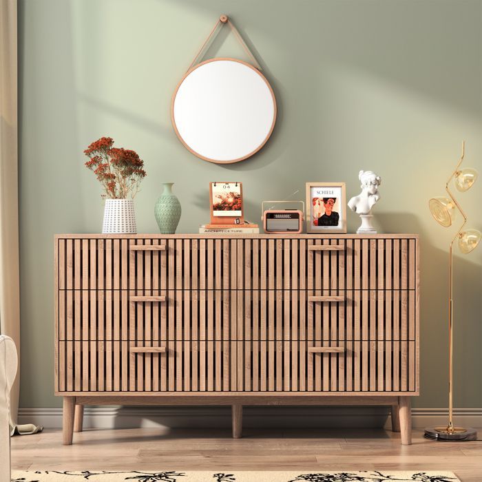 Cómoda de madera de 100x34x73cm, mueble de almacenamiento de estilo escandinavo con 6 cajones y soportes de madera, ideal para el salón.
