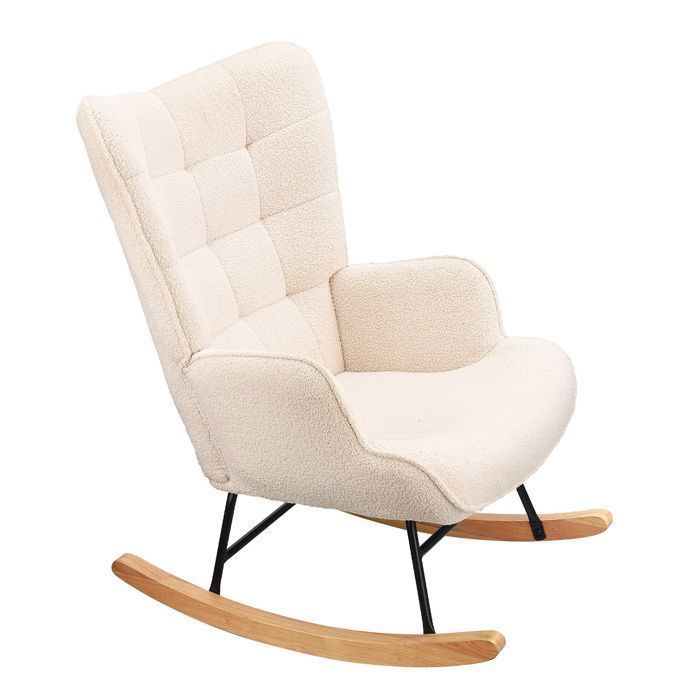 Mecedora, sillón de relax con patas de haya, tejido de felpa, ideal para salón, dormitorio y balcón, color beige.
