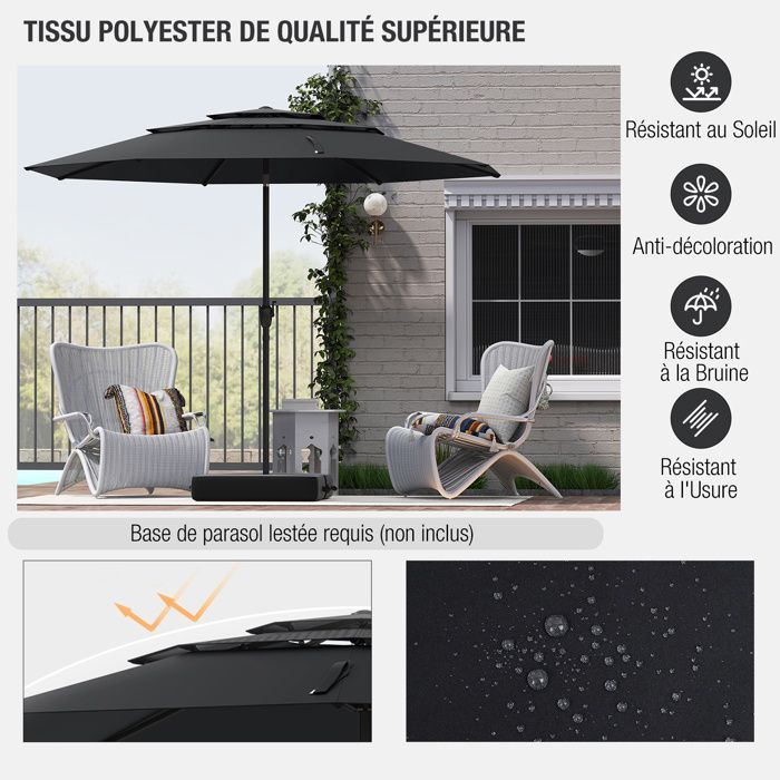 Ombrellone da giardino ventilato a 3 livelli da 300 cm - COSTWAY - Inclinazione a pulsante - Manovella - 8 robuste stecche - Nero