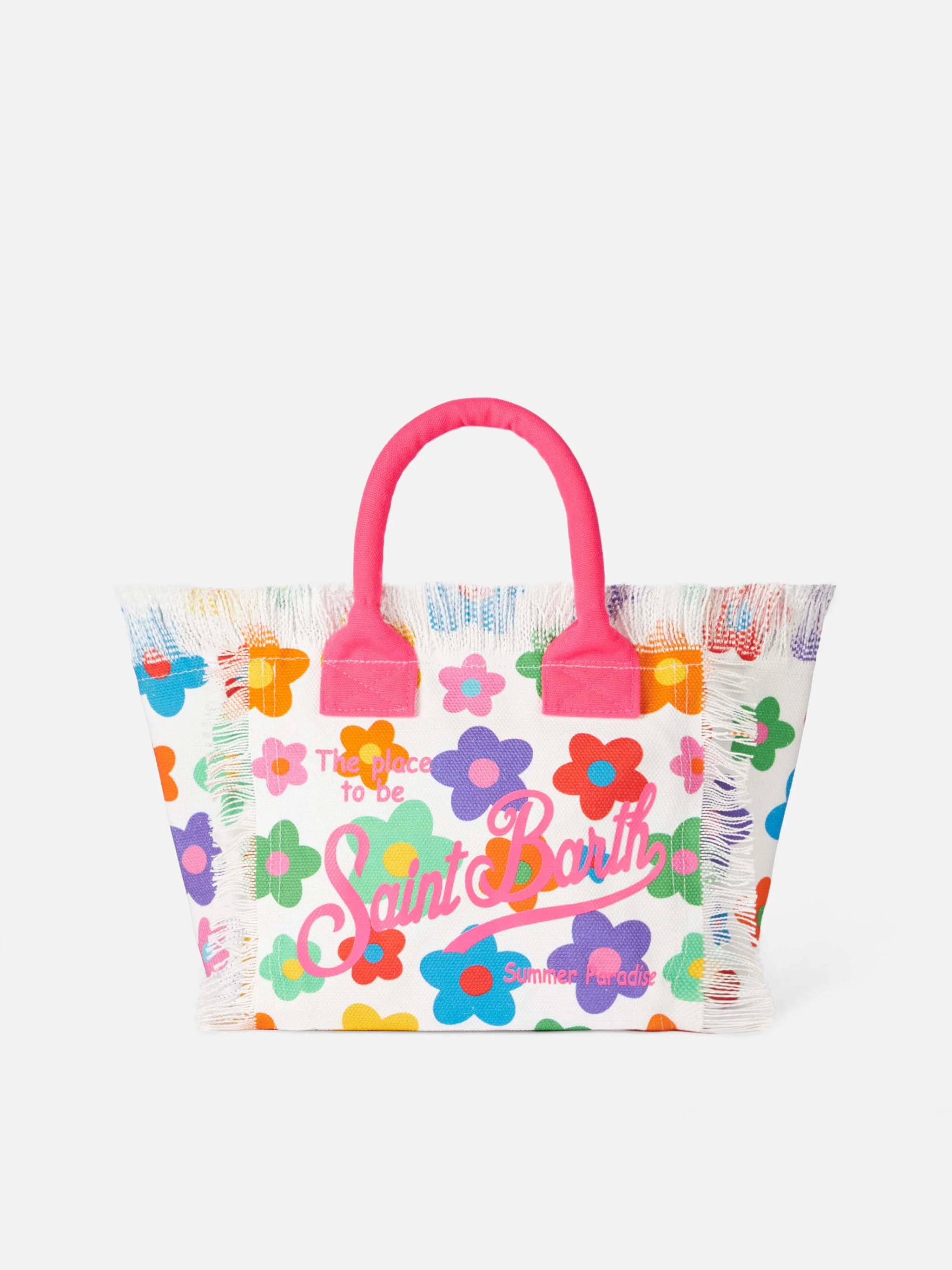 Collette Multicolor Canvas Fringed Handbag with Flowers All Over Print | Logo | Inner Flap with Metal Zip | Inside Pocket with Zip | MC2 Saint Barth