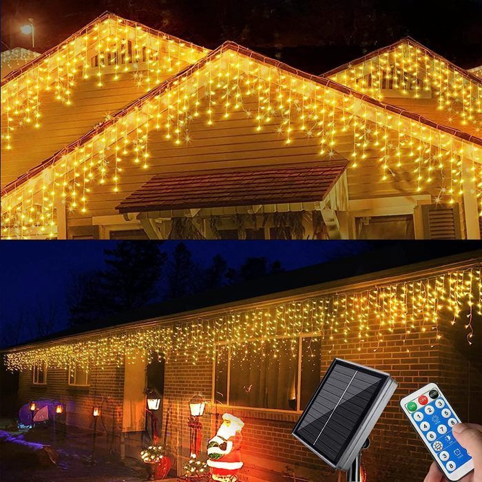 Outdoor Solar Christmas Curtain Lights, 10m 300 LEDs String Lights with Remote Control, 8 Modes, Waterproof, Warm White