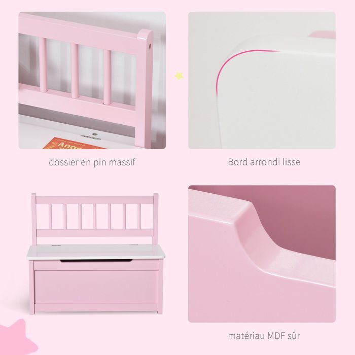 Coffre à jouet enfant - banc de rangement - HOMCOM - 2 en 1, couvercle rabattable, charnières de sécurité - 60 x 30 x 50 cm - rose
