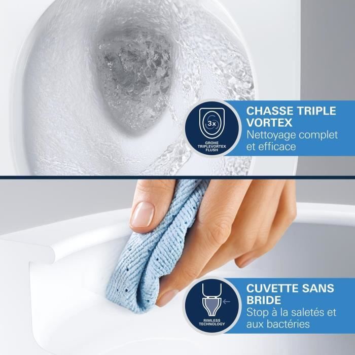 Set WC sospeso compatto - Scarico orizzontale - Senza brida - GROHE Euro Ceramic Triple Vortex (102 486 SH00)