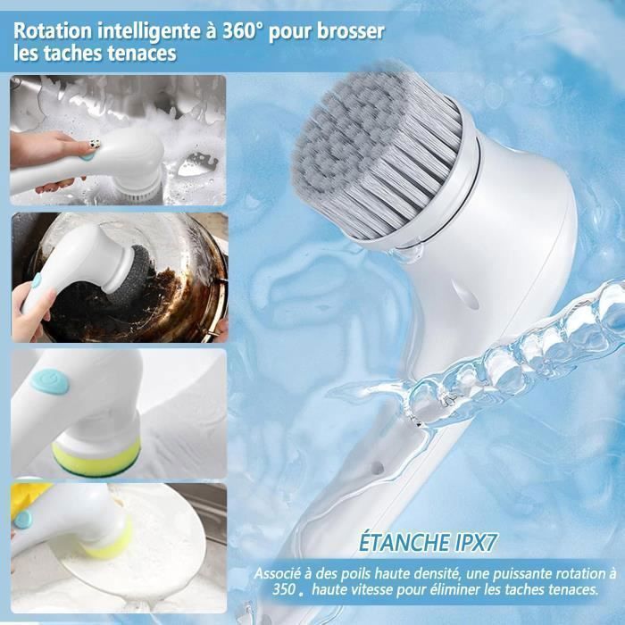 Cepillo de limpieza eléctrico: 5 cabezales intercambiables, cepillo para platos giratorio de 360°, para limpiar la cocina, la ducha, etc.