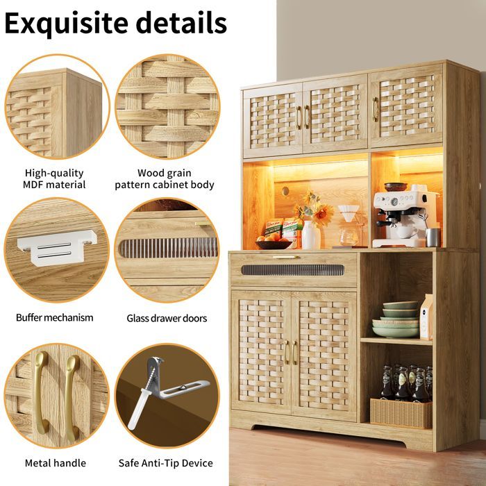 Versatile kitchen sideboard - MODERNLUXE - 137x45x178 cm - 2 doors - 3 drawers - 8 shelves - LED lighting - Natural