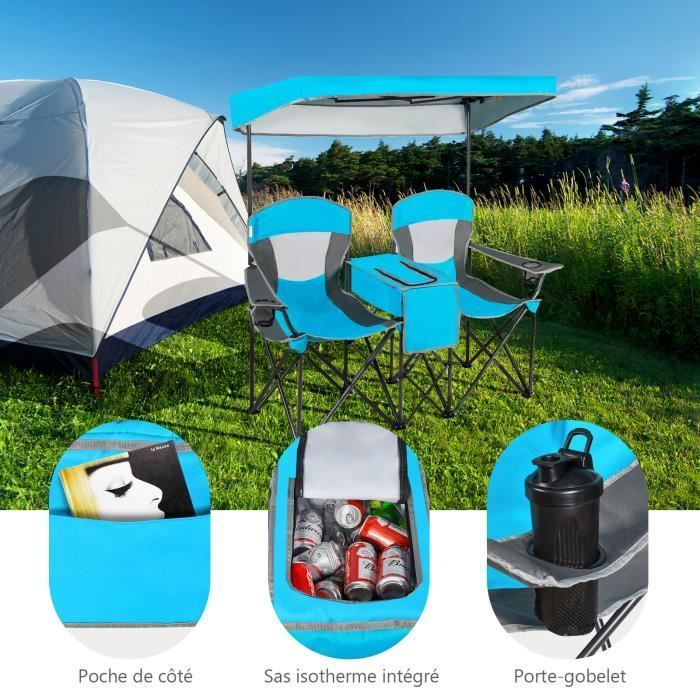 Silla/sillón plegable de camping para 2 personas - COSTWAY - Parasol extraíble y ajustable - Bolsa isotérmica - Azul