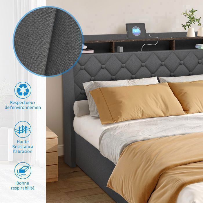 160 x 200 cm Storage Bed with Slatted Base - NHHF - Double Bed with Storage, LED Lighting, and USB Port - 160 x 200 cm Hydraulic Bed with Under-Bed Storage