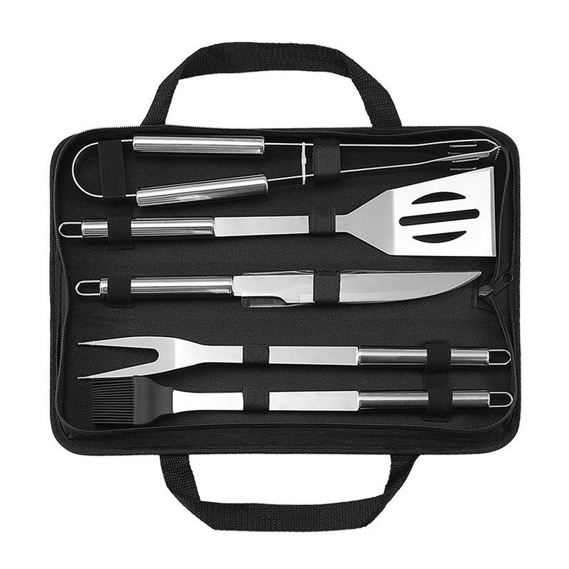 Ensemble d'ustensiles de barbecue en acier inoxydable, accessoires de cuisson pour barbecue et camping en plein air, avec sac de rangement.