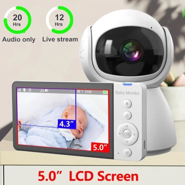 Bébé moniteur vidéo sans fil , 5,0 pouces batterie écran IPS avec baby-sitter PTZ Caméra bidirectionnelle VOX batterie 5000mAh