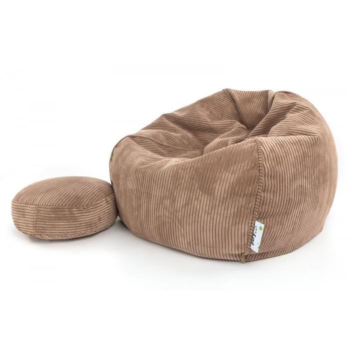 Sillón tipo puf, bolso de pana color beige.