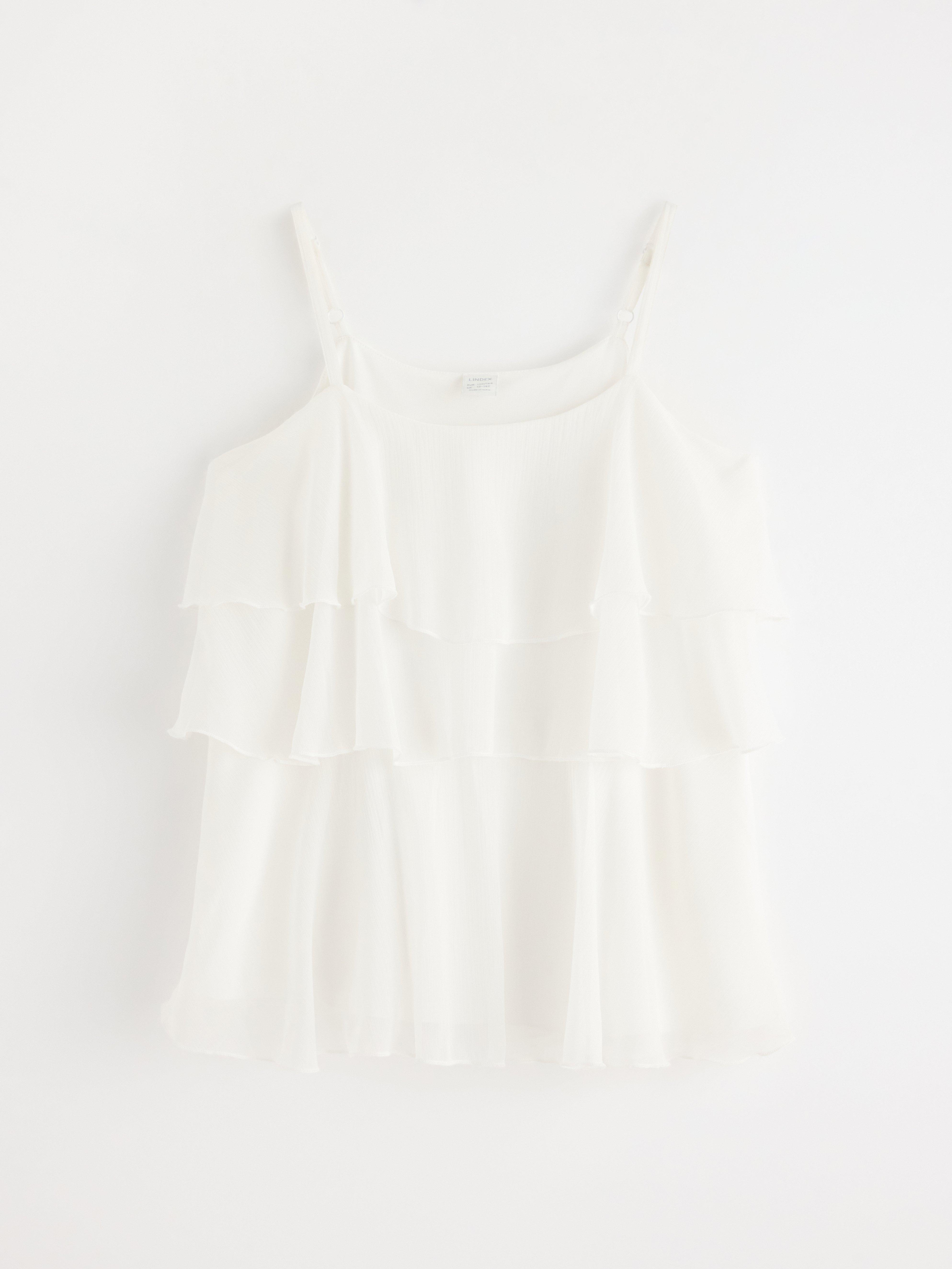 Blusa de tecido plano com babados, cor off-white.