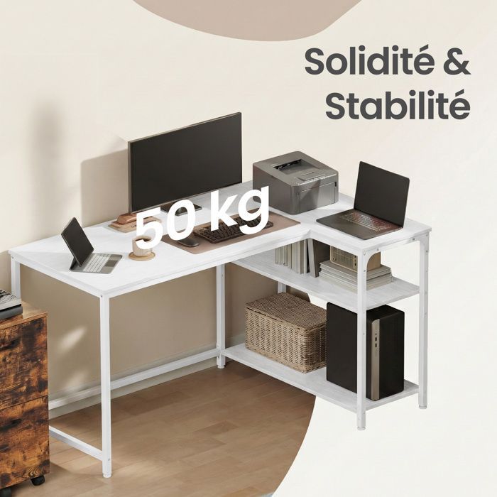 L-shaped desk, adjustable shelves with storage, 120 x 80 cm, white