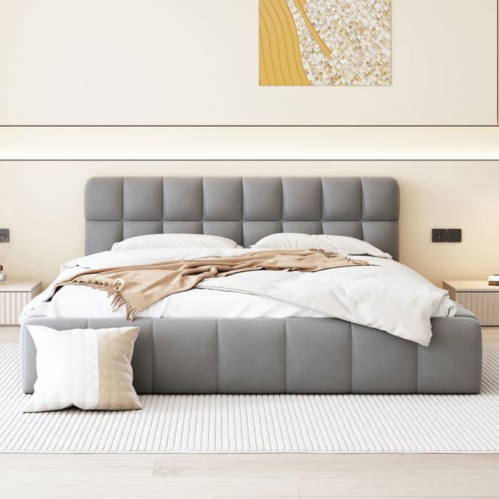 Lit 160 x 200 avec tête de lit et sommier, lit double tapissé lit au sol, cadre de lit 160x200 avec sommier à lattes, lin, gris