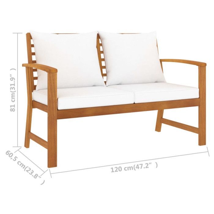Banco de jardín vidaXL con cojín color crema, 120 cm, madera maciza de acacia.