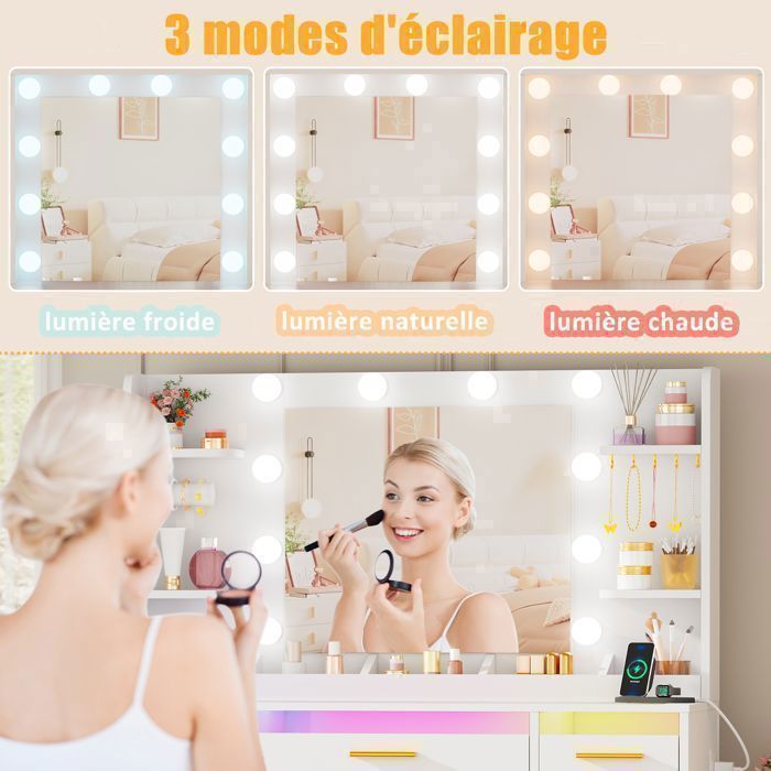 Coiffeuse Grande avec Miroir , LED Réglable, Prise et Port USB, 9 Tiroirs, 105X40X140cm，Blanc