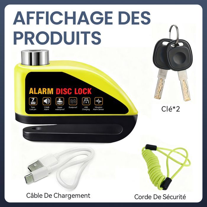 Candado de disco recargable por USB Antivel para motocicleta - Alarma de alta seguridad de 110 dB - con cable recordatorio antirrobo - para motocicleta/scooter