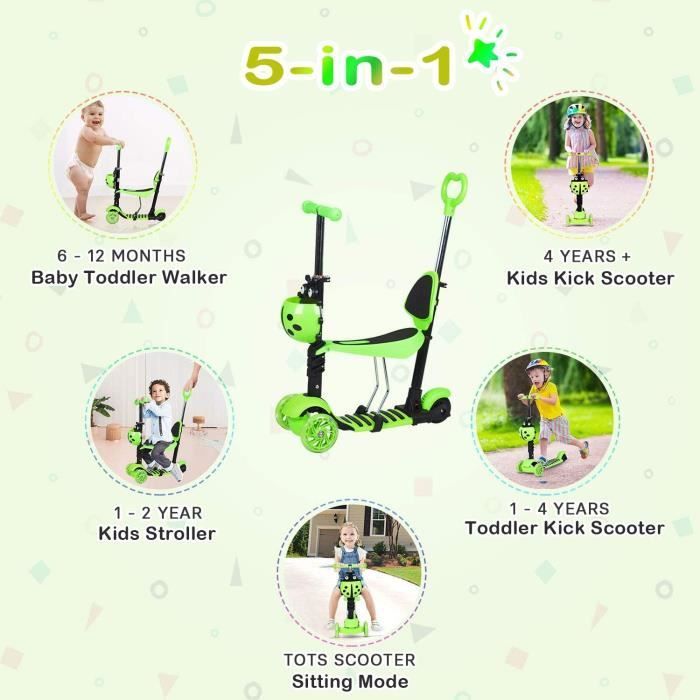 Trottinette Vert pour Enfants avec Siège Amovible, Réglable et Poignée de Poussée,Trottinette Légère avec Roues Lumineuses