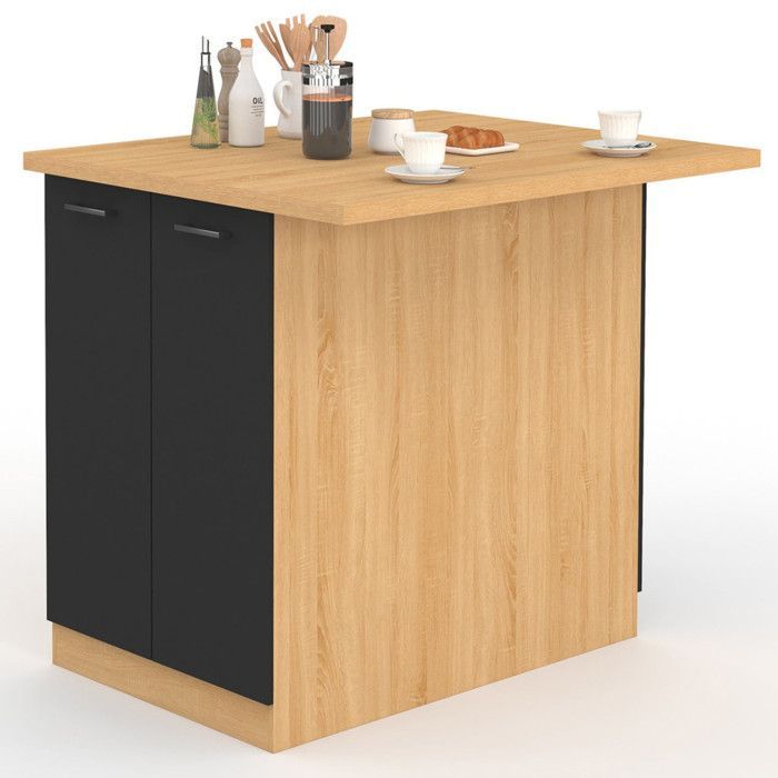 IDMARKET IVO 100cm Central Island in Beech-Effect Wood with Black Doors and Worktop