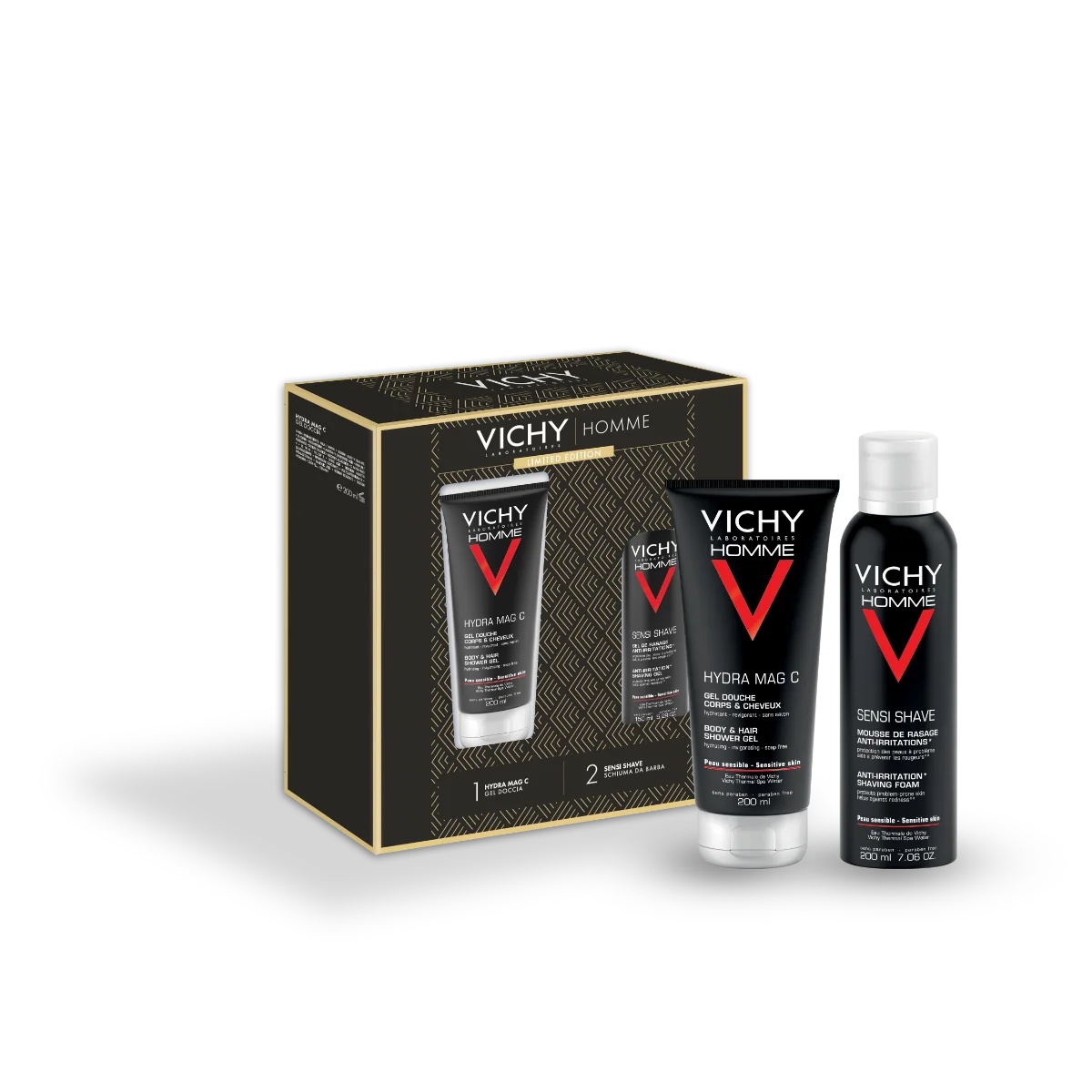VICHY Vichy Homme Kerstcadeauset 2023 Hydra Mag C douchegel + Sensi Shave scheerschuim