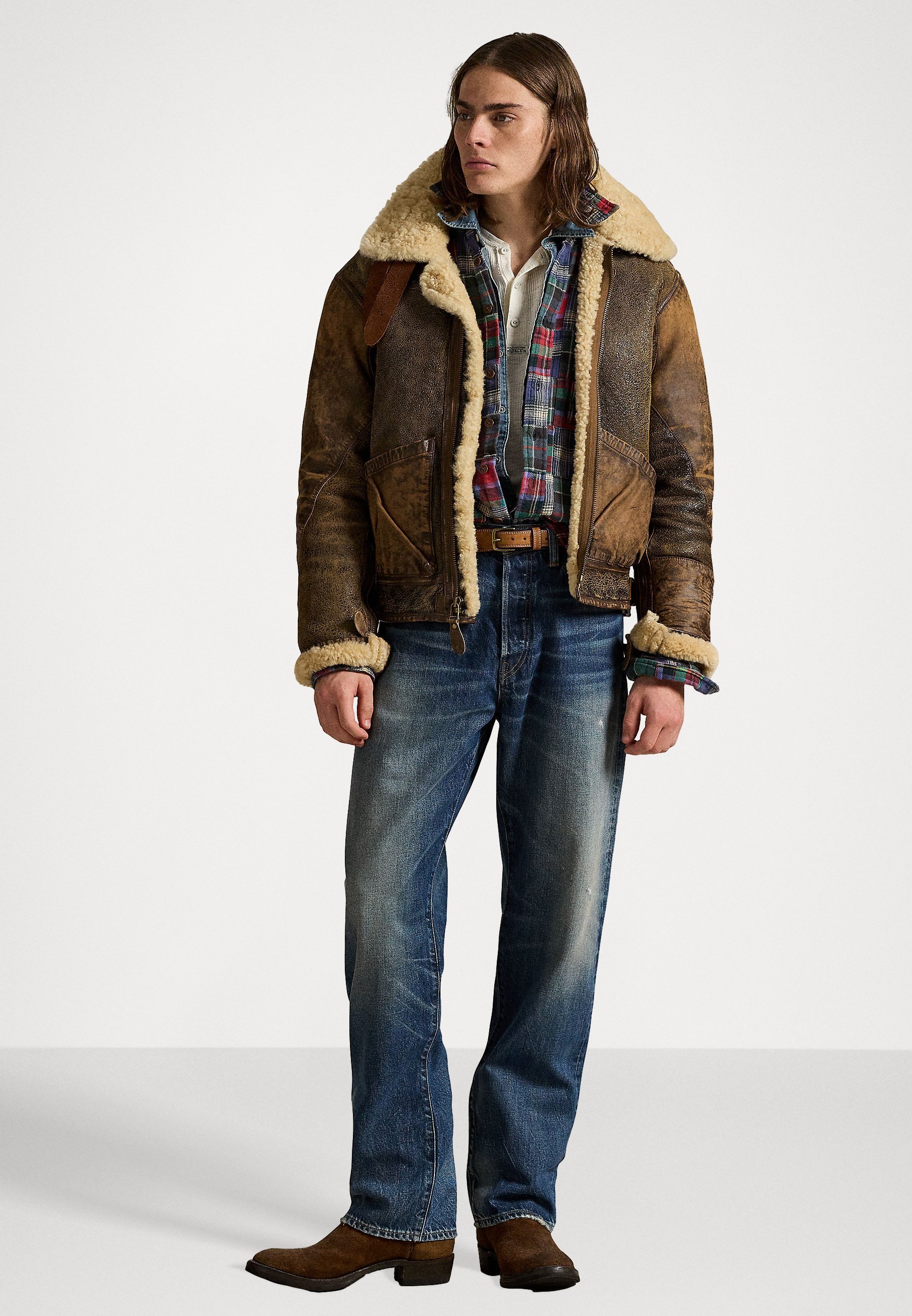 Blouson bomber Polo Ralph Lauren en peau lainée et garnitures en cuir - marron terre