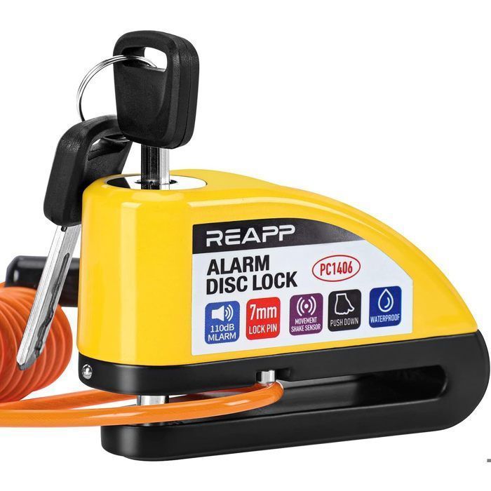 Disco antirrobo para motocicletas REAPP, alarma de 110 dB, cable de 1,5 m, para motocicletas, bicicletas, Vespas y ciclomotores.