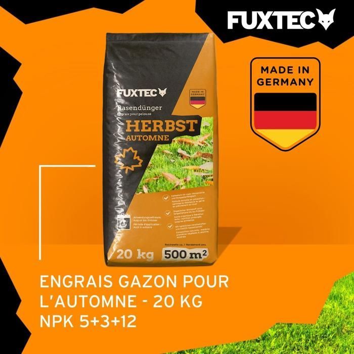 Fertilizante para césped de otoño FUXTEC FX-RDH20 enriquecido con potasio, bolsa de 20 kg para 1000 m², gránulos solubles, fabricado en Alemania.