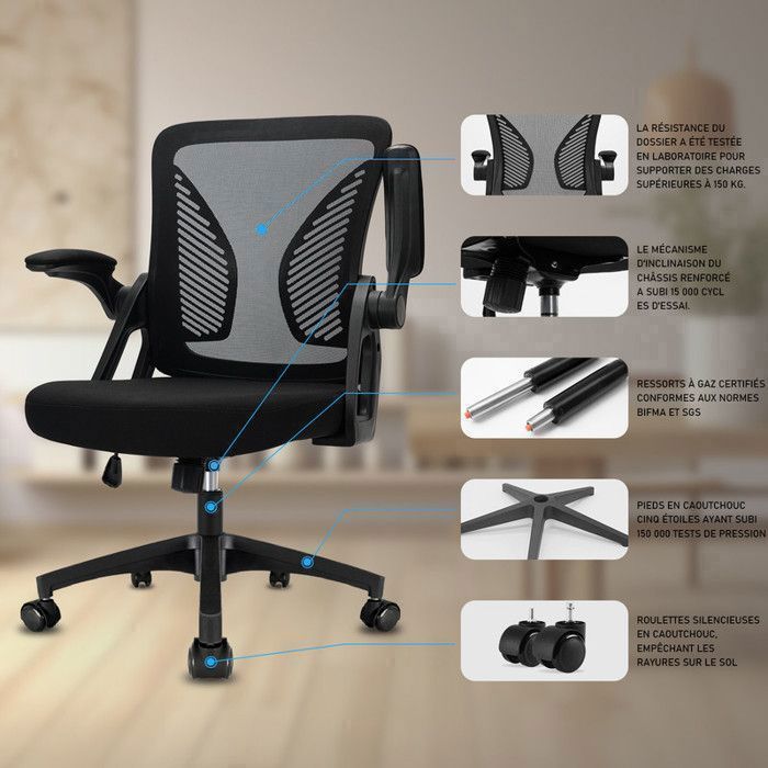 Office chair, desk chair with adjustable armrests and lumbar support, mesh office chair, black