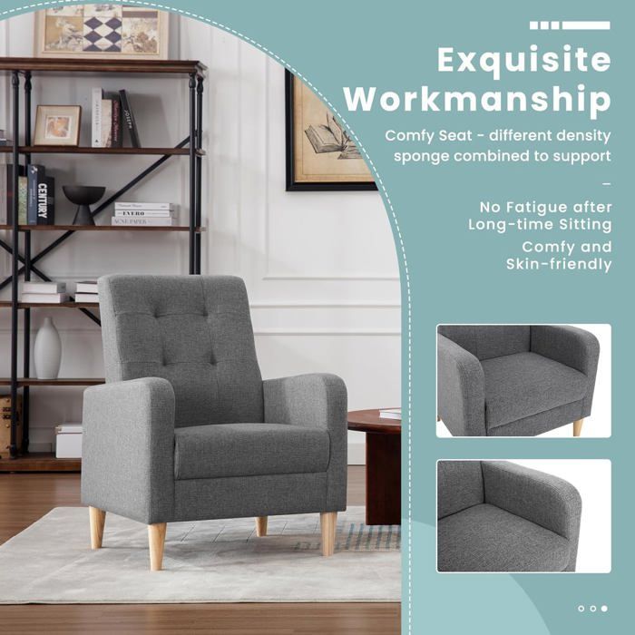 WOLTU Fauteuil Salon Scandinave, Fauteuil Cabriolet Relax, Siège Rembourré en Lin, Pieds en Bois Massif, Gris Foncé W0ATT0343
