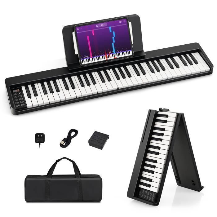 Teclado musical electrónico COSTWAY de 61 teclas semipesadas, plegable, Bluetooth, aplicación, MIDI, pantalla LCD, atril, pedal de sustain, bolsa de transporte.