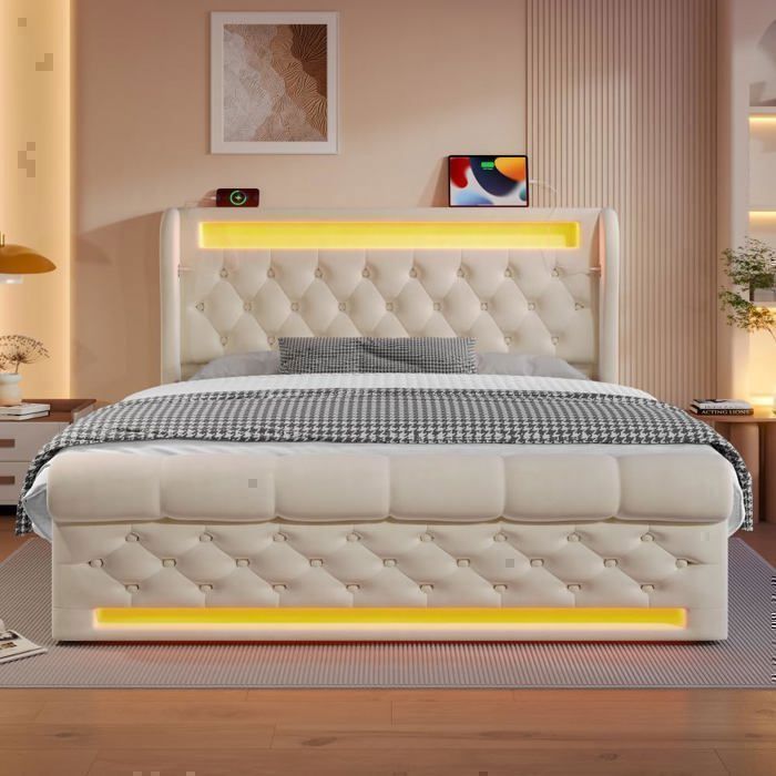 Letto matrimoniale imbottito Lemonbest con illuminazione a LED, 160 x 200 cm, letto contenitore con sollevamento idraulico e porte USB e Type-C, velluto + beige