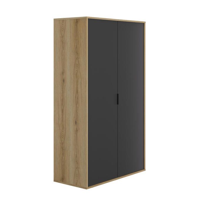 Armario de dos puertas con acabado en madera negra mate, barra para colgar ropa y estantes.