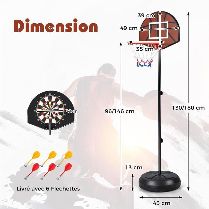 Aro de baloncesto y diana 2 en 1 COSTWAY - Altura ajustable de 130 a 180 cm - Tablero de doble cara - Base rellenable