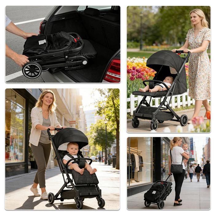 Cochecito combinado 2 en 1 MIPAN - Negro - Cochecito multiasiento - Plegable + reclinable - Cochecito compacto de 0 a 15 kg