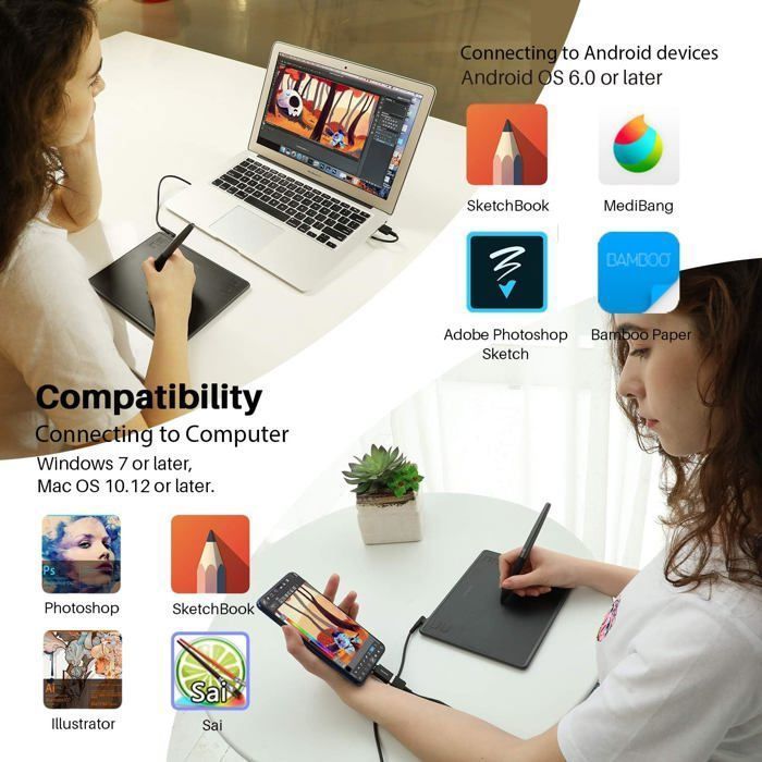 6.3x4 inch digital graphics tablet, Android/OSU compatible, 4 quick keys, battery-free stylus