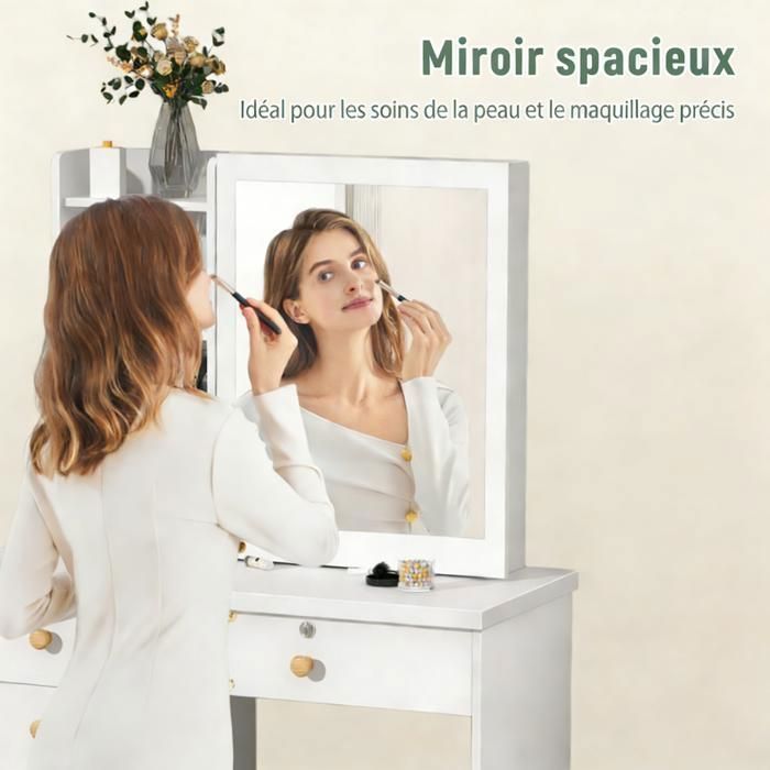 Dressing Table with Sliding Mirror - FIANAO - 6 Spacious Drawers and Open Shelves - Contemporary - White - 80x40x135cm