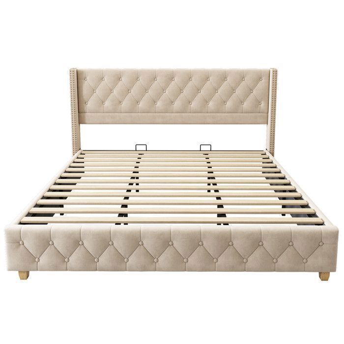 Lit adulte double - TKOPY - Lit rembourré 160x200 cm, avec sommier à lattes, Velours beige clair