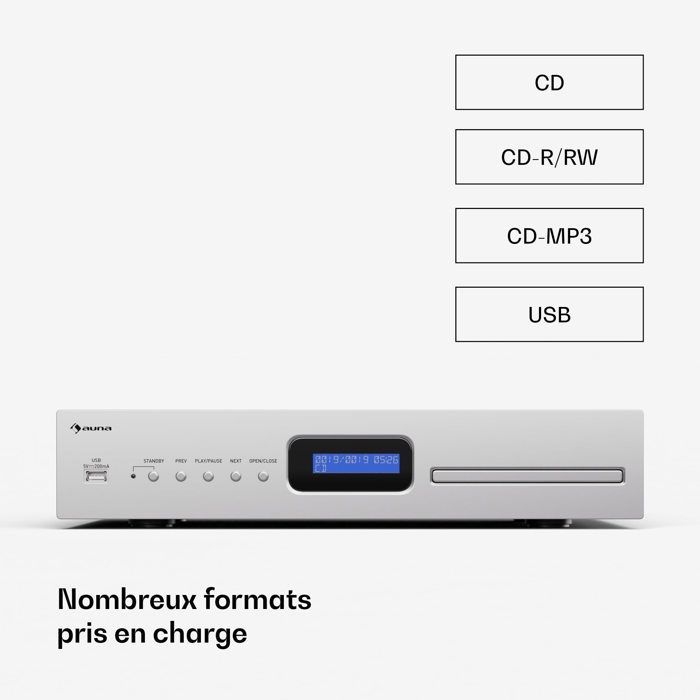 Auna HiFi CD-soitin - Toistaa CD-R/RW MP3 -levyjä - Kaukosäädin - USB-portti - Hopeanvärinen hifi-laitteisto