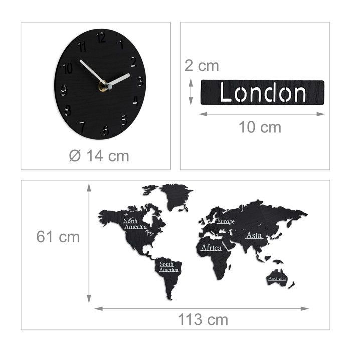 Relaxdays Mappa del mondo in legno con 5 orologi, 10 città 3D, modello di mappa della Terra, HxL 61 x 113 cm, vari colori disponibili