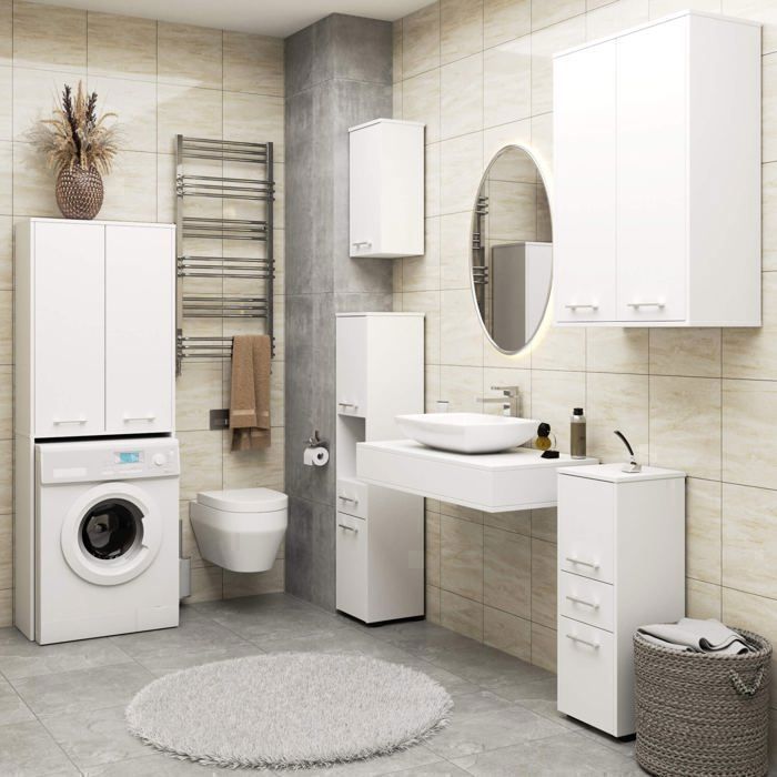 Meuble pour machine à laver AKORD FIN Blanche 64 cm 2 portes façade Blanche 4 étagères 64x30x180 cm