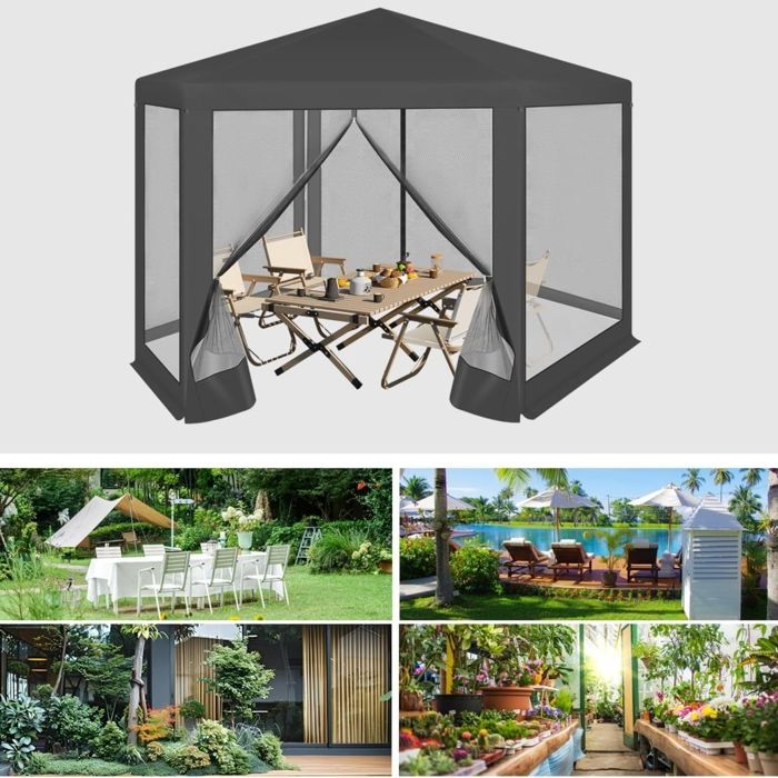 Tonnelle de Jardin WOLTU - Hexagone - Pergola Jardin - Moustiquaire respirante - 3,8x3,3m - Gris