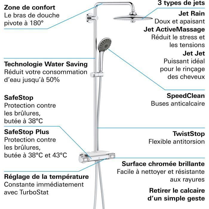 Colonna doccia con miscelatore termostatico GROHE Vitalio Joy 260, soffione doccia da 260 mm, doccetta a 3 getti, finitura cromata, codice 26403002