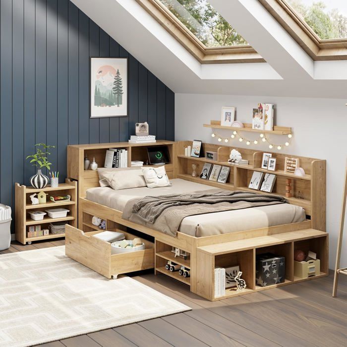 Letto per bambini 90 x 200 cm, letto contenitore con ricarica wireless e porta USB, comodini, mensole e armadietti contenitori.