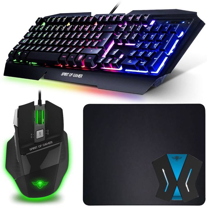 Pack clavier et souris gamer - SPIRIT OF GAMER - Pro-K5 - Clavier AZERTY semi-mécanique - RGB - Convertisseur multiconsole
