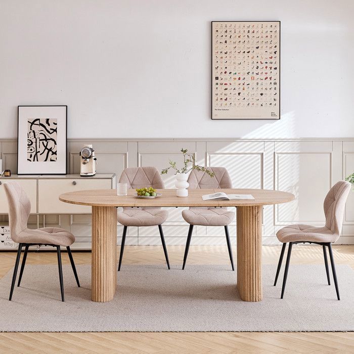 Mesa - Mesa de comedor ovalada - Soporte de columna - MDF - Madera clara
