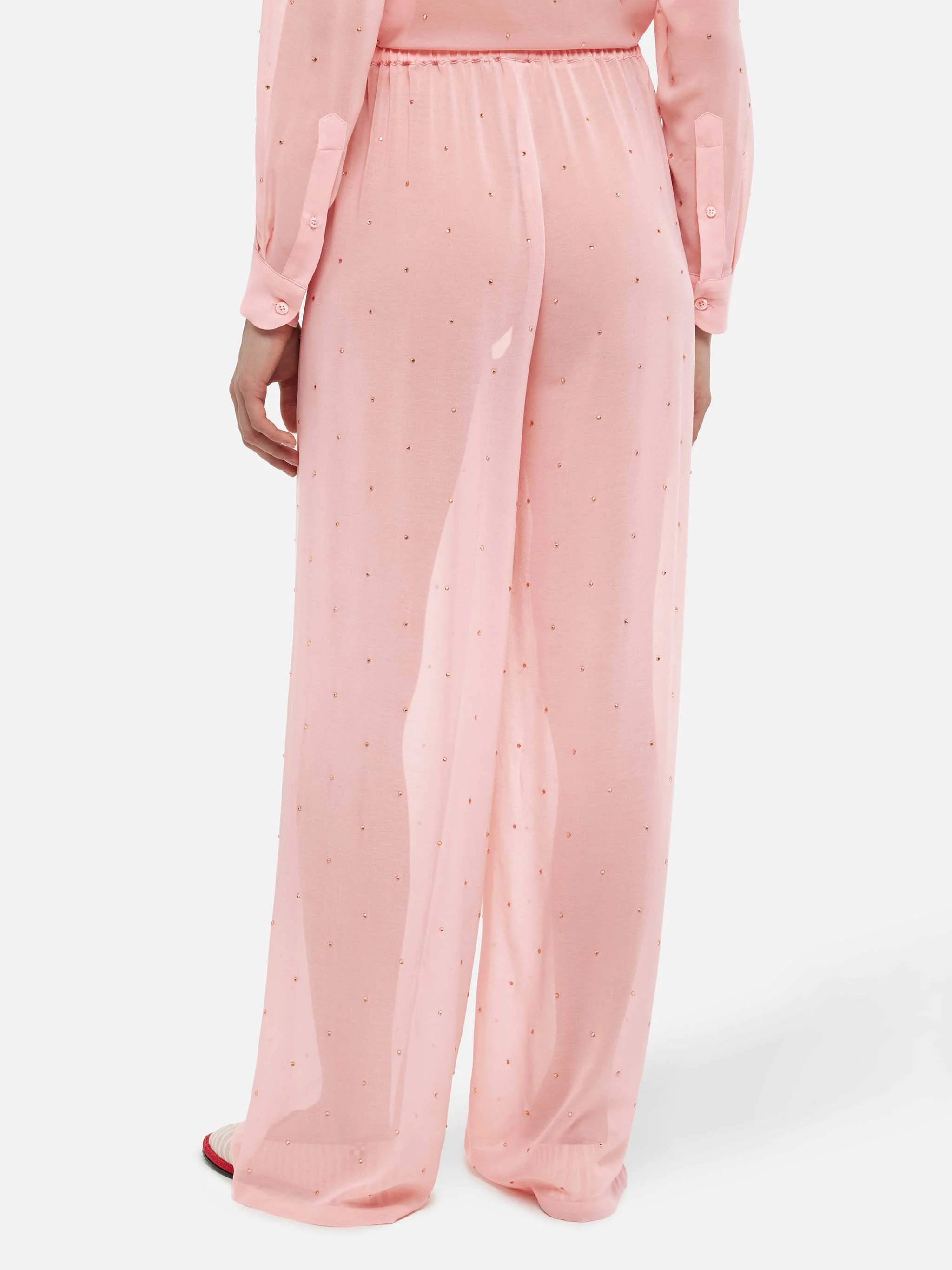Amalia broek met wijde pijpen in roze georgette met strass-steentjes