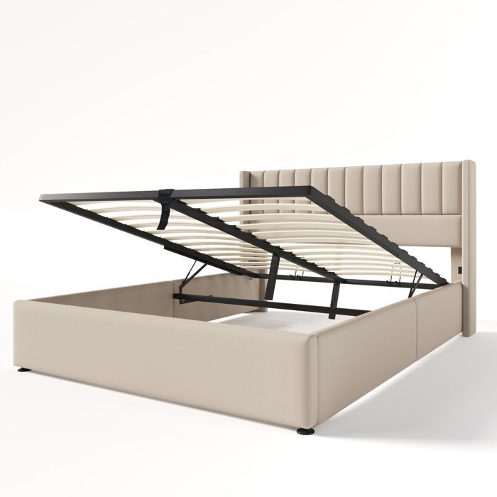 Letto contenitore 160x200cm con testiera e rete a doghe, letto matrimoniale con contenitore, struttura letto 160x200cm con rete a doghe, lino, beige
