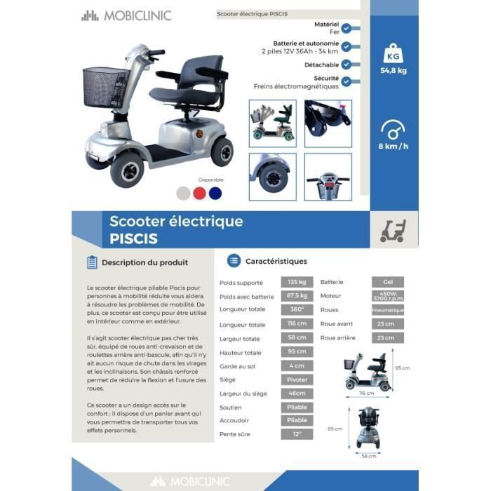 Scooter eléctrico de 4 ruedas Mobiclinic, 450 W, asiento giratorio y plegable, autonomía de 34 km, 12 V, para personas con movilidad reducida, color gris, Piscis