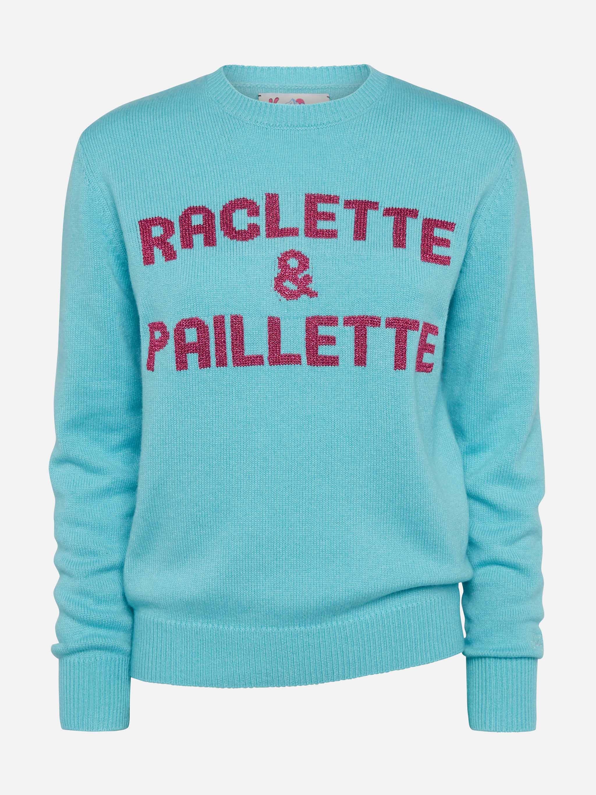 Nieuwe Queen watergroene trui met de tekst Raclette & Paillettes in pai