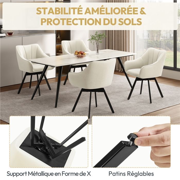 Yaheetech Lot de 2 Chaises de Salle à Manger Rotative avec Assise en Velours et Pieds en Métal Beige