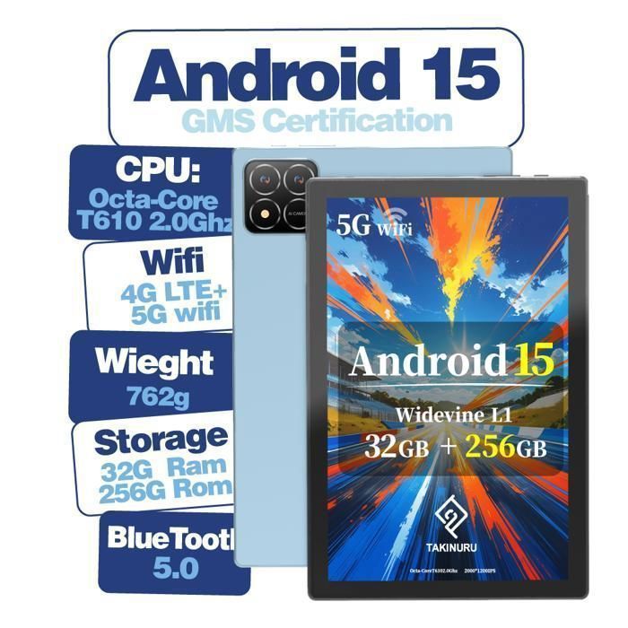 Tablette tactile TAKINURU 10,1 pouces, Android 15, 32 Go + 256 Go, Octa-Core, Wi-Fi 5G, Port Type-C, Batterie de 8000 mAh,Bleu